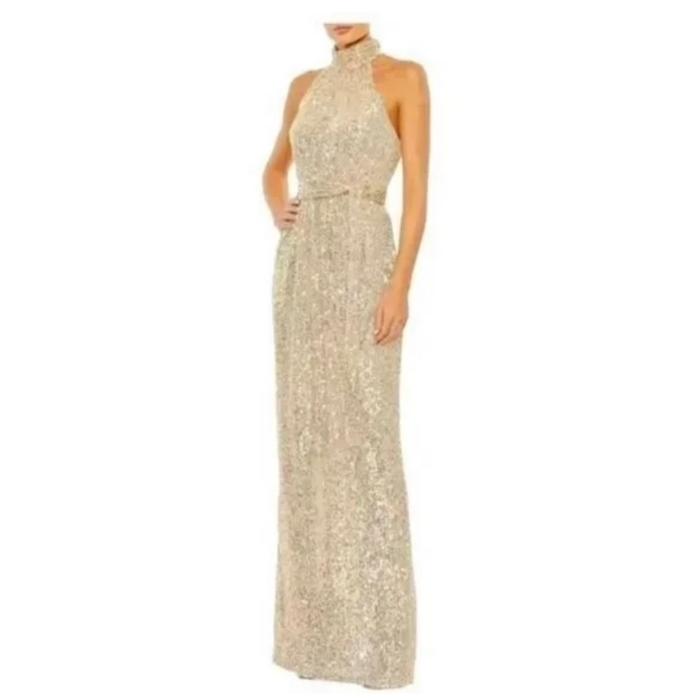 Mac Duggal Gold Sequins Halter Dress Backless Belted Maxi Formal Long Size 4